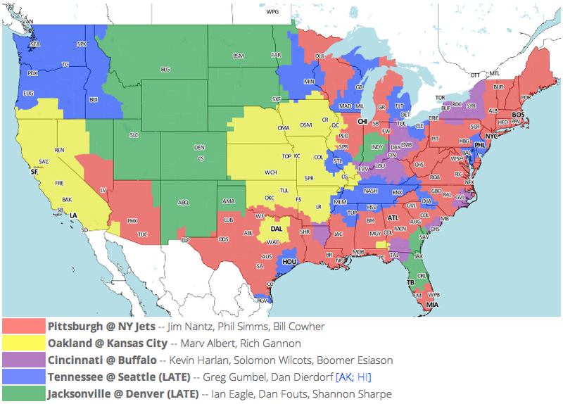 Illustration for article titled Which TV Market's Getting Screwed Today? Your Week 6 NFL Viewing Maps